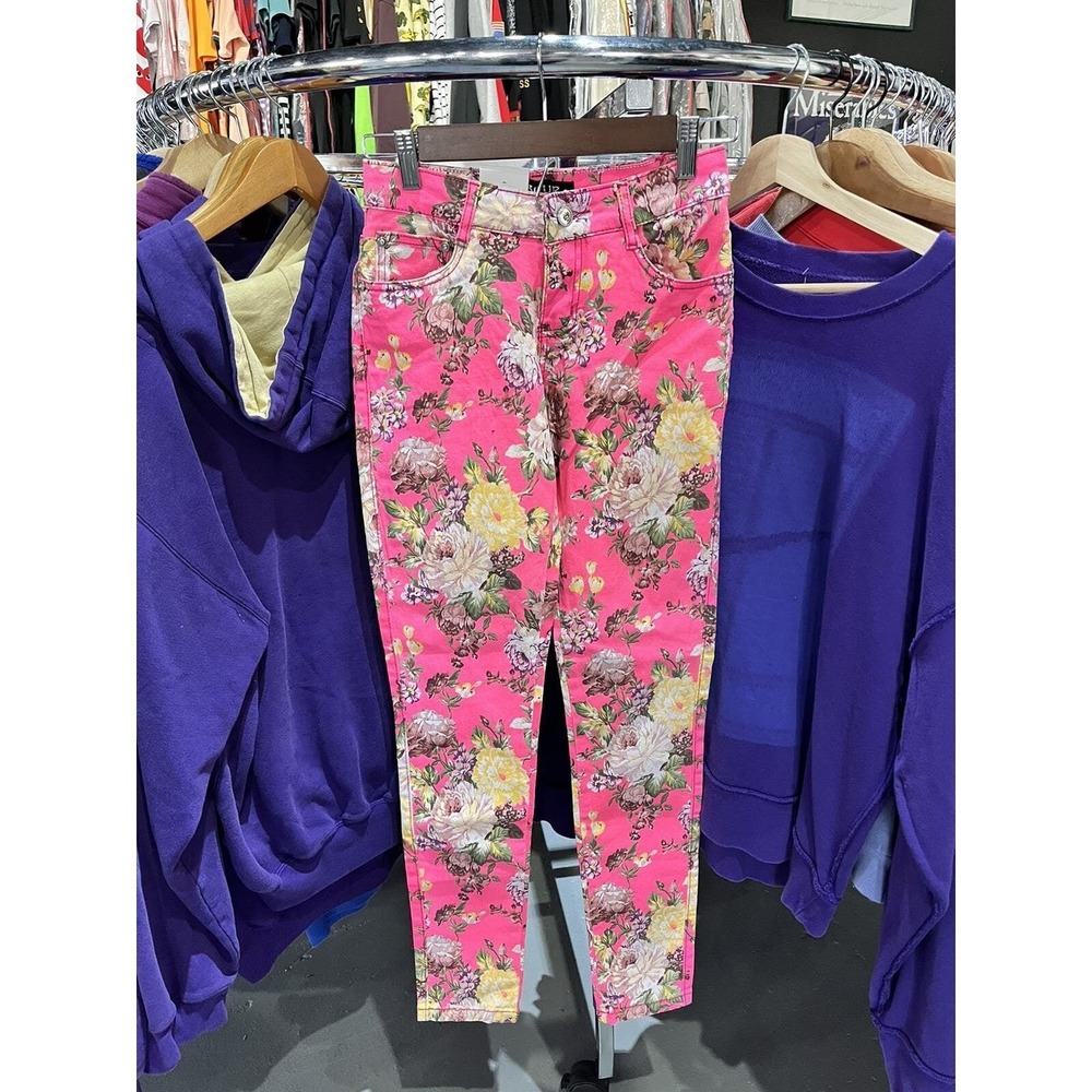 Vintage Y2K Women's Bour Jeans Pink Floral Print Elastic Size 3